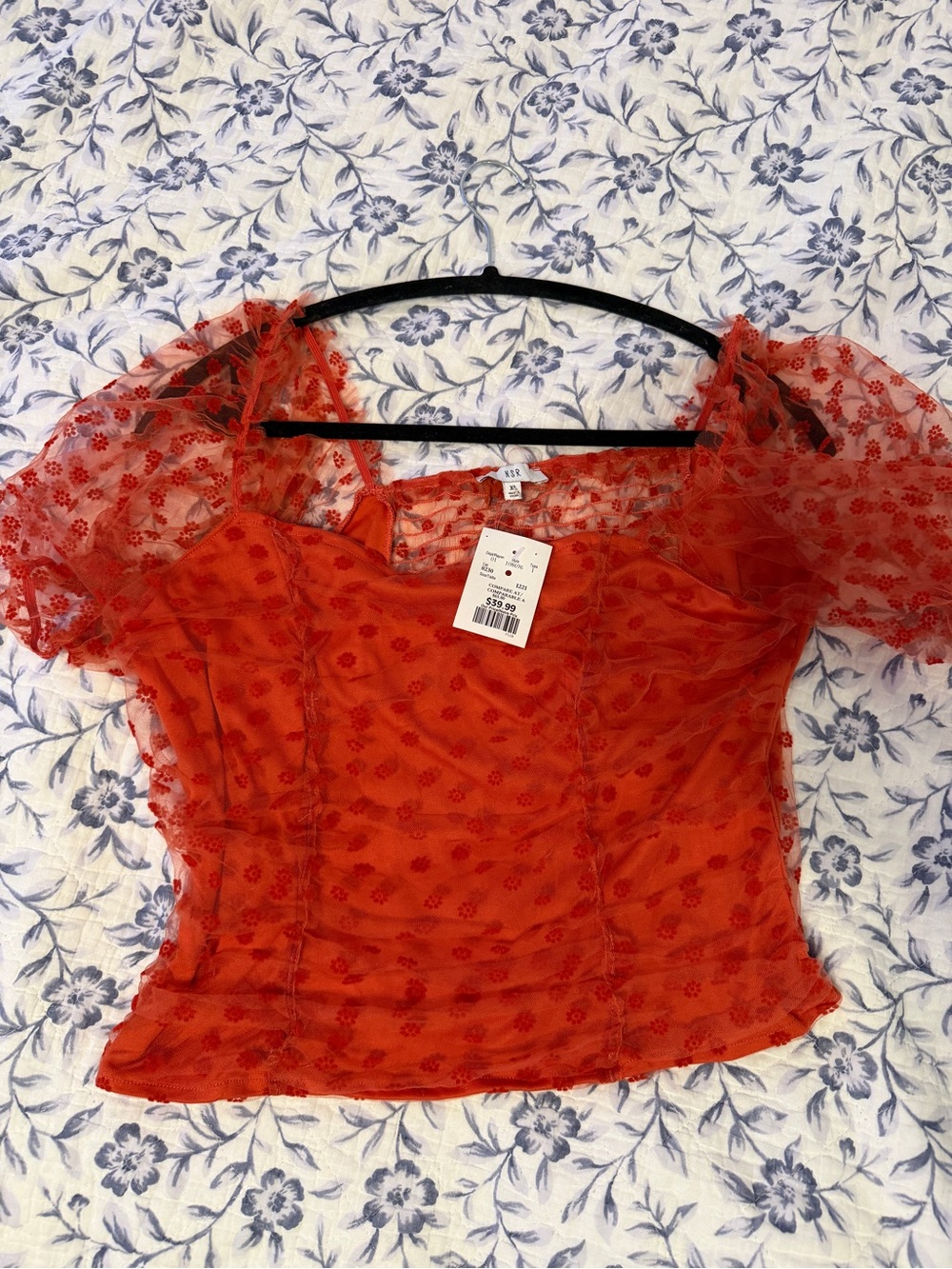NSR Red Floral Mesh Puff-Sleeve Top